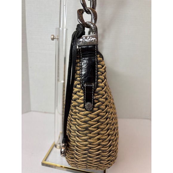 Brighton Woven Straw Hobo Shoulder Bag Brown Croc Leather Trim Silver Chain Trim - Picture 5 of 10
